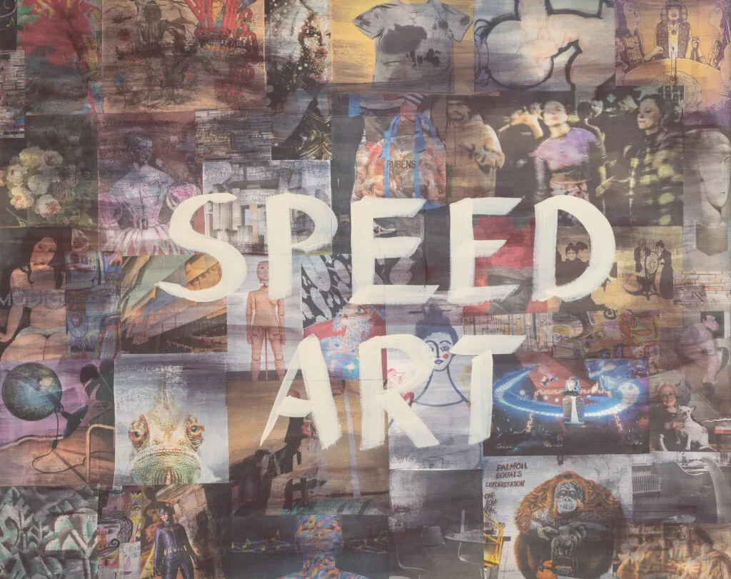 Collage aus Kunstwerken mit dem zentralen Schriftzug "SPEED ART" in weiß.