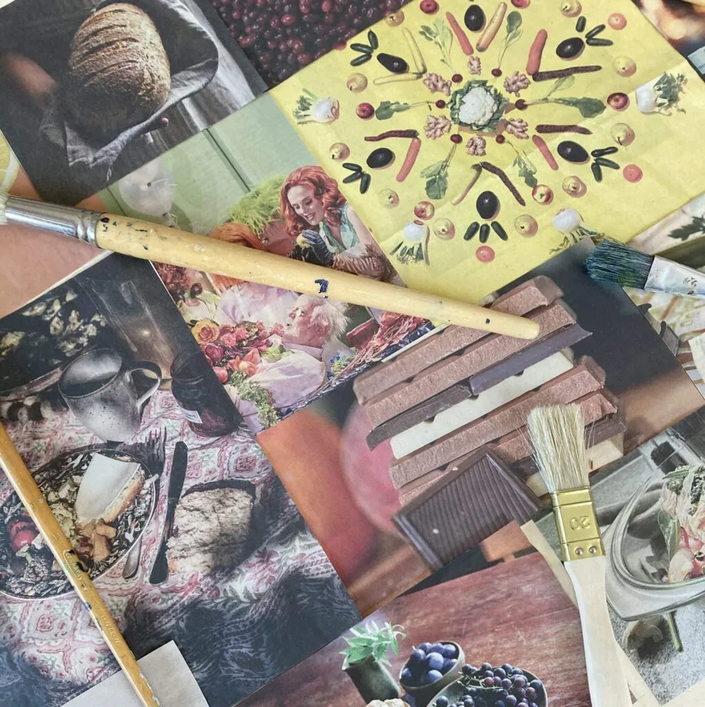 Collage aus Lebensmitteln und Kunst, mit Pinseln, Brot und verschiedenen Gemüsesorten.